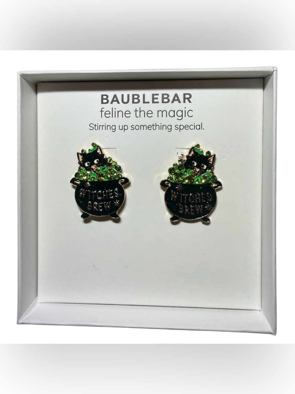 BaubleBar Feline the Magic Witches Brew Black Cat Earrings NWT
